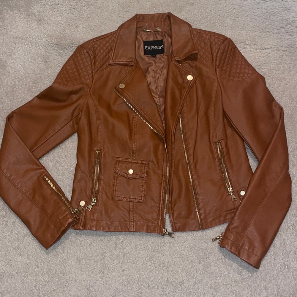 Express camel faux leather moto jacket